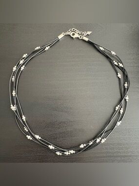 Silpada Multi-strand Black Leather Cord Sterling Silver Bead Station Necklace